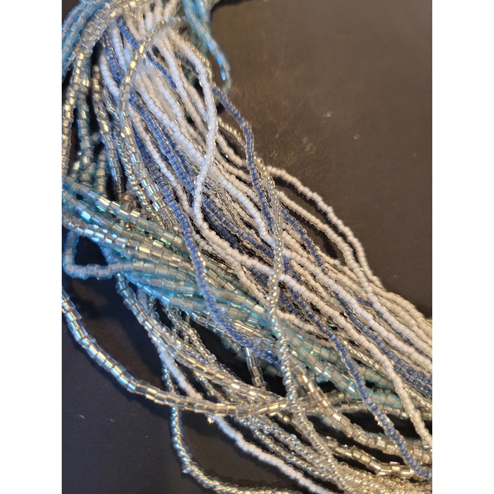 Blue White Silver Multi Strand Seed Bead Necklace with Heart Charm Extender 23" - Picture 5 of 8